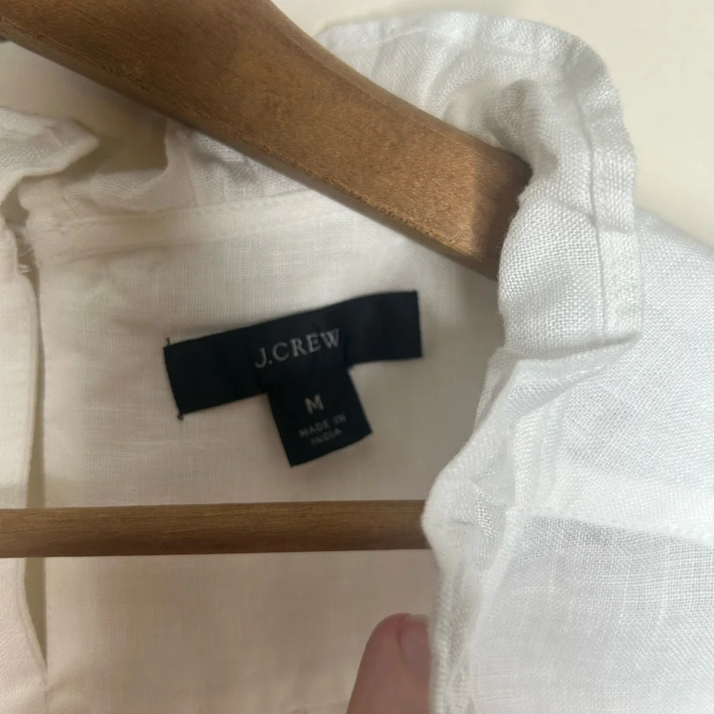 J Crew White Crisp Linen Blouse Size M High Ruffled Neck and Sleeves Romantic - Picture 4 of 8